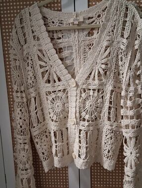 Elan Cream Crochet Button-Up Cardigan
